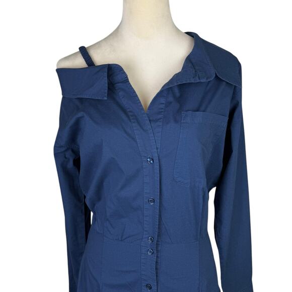 Monrow Navy Stretch Poplin Cotton Blend Button Up Long Sleeve Mini Shirt Dress - Picture 6 of 14